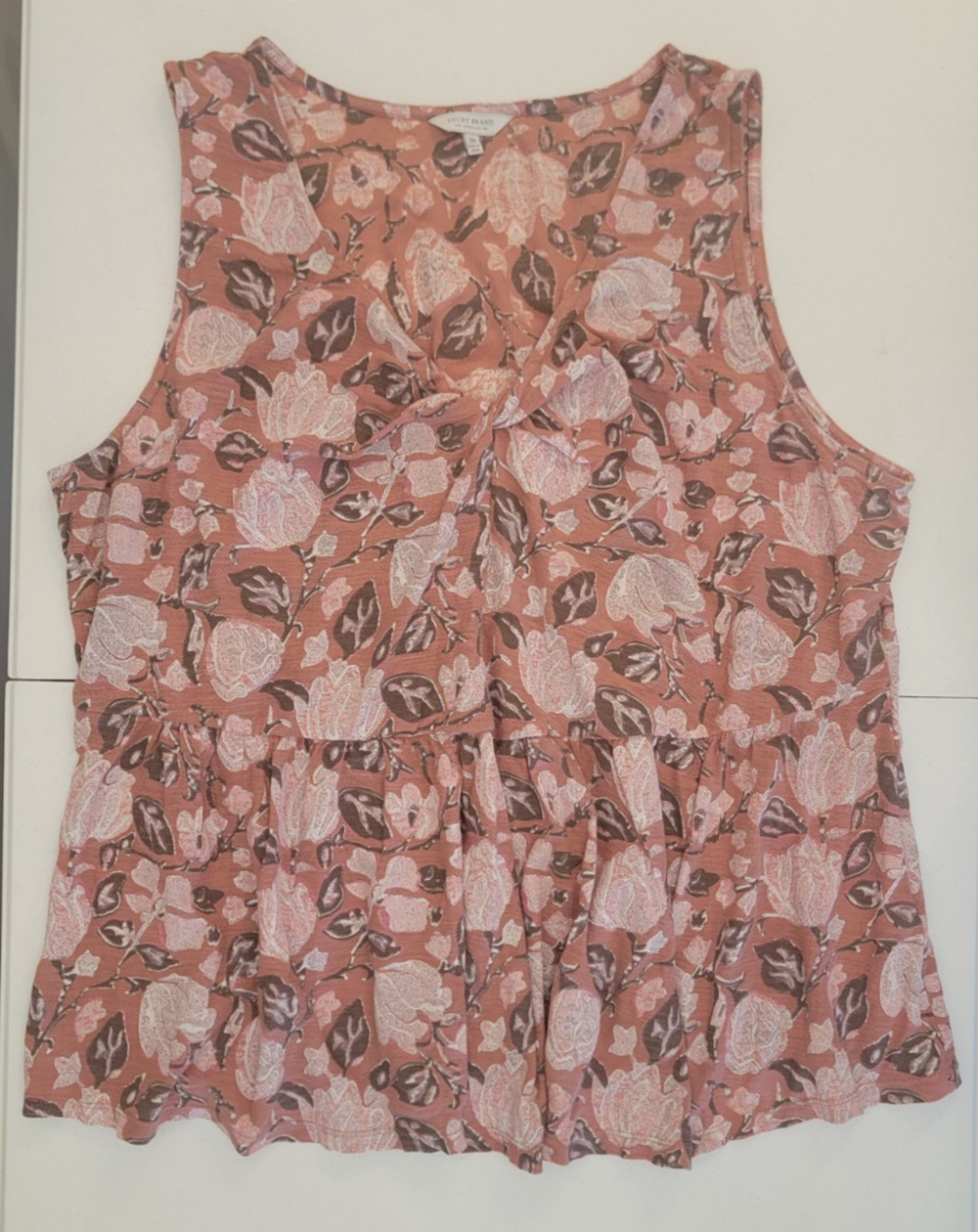 Lucky Brand Womens Tank Top 2X Pink Peach Brown Floral Flowy Shirt Baby Doll